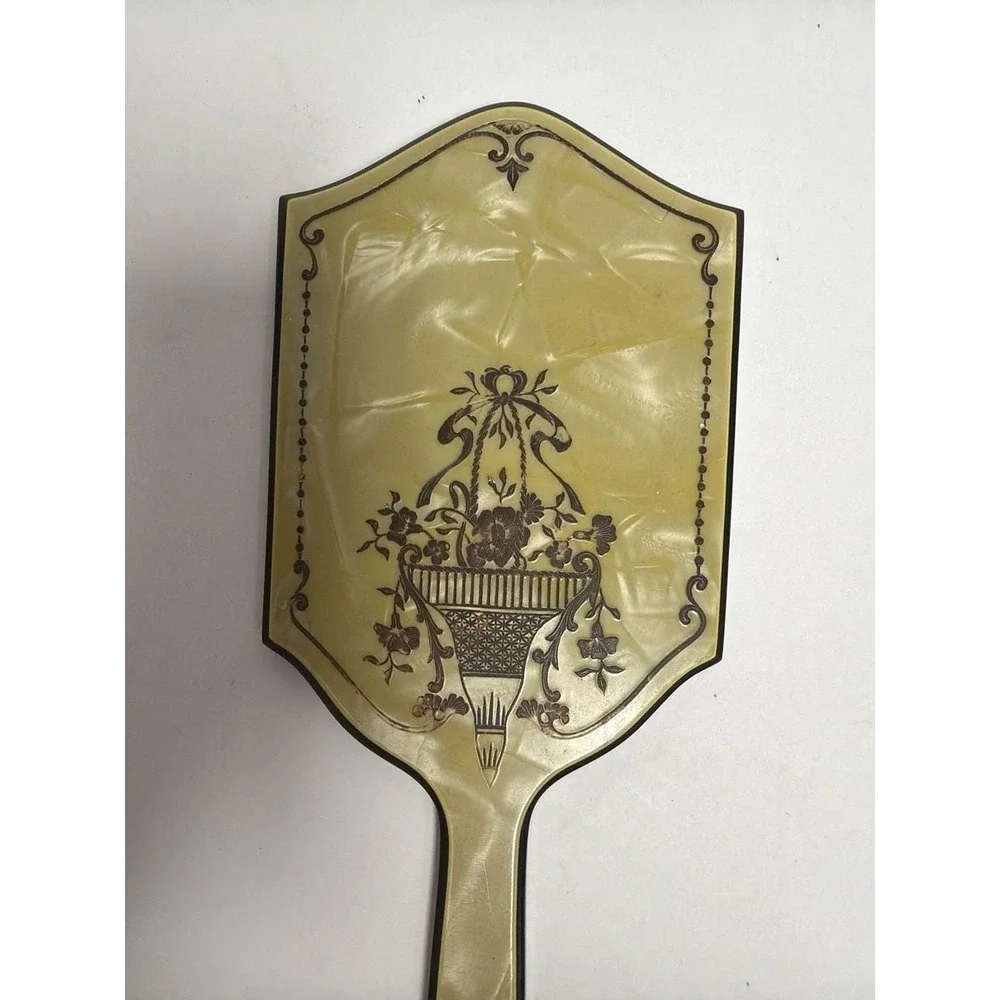 Vintage 1920s Art Deco Yellow‎ Celluloid Hand Mirror with Floral Basket Design